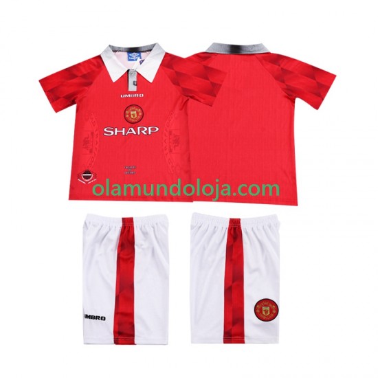 Camisola Manchester United 1996 1997 Retro Criança Equipamento Primeiro Manga Curta